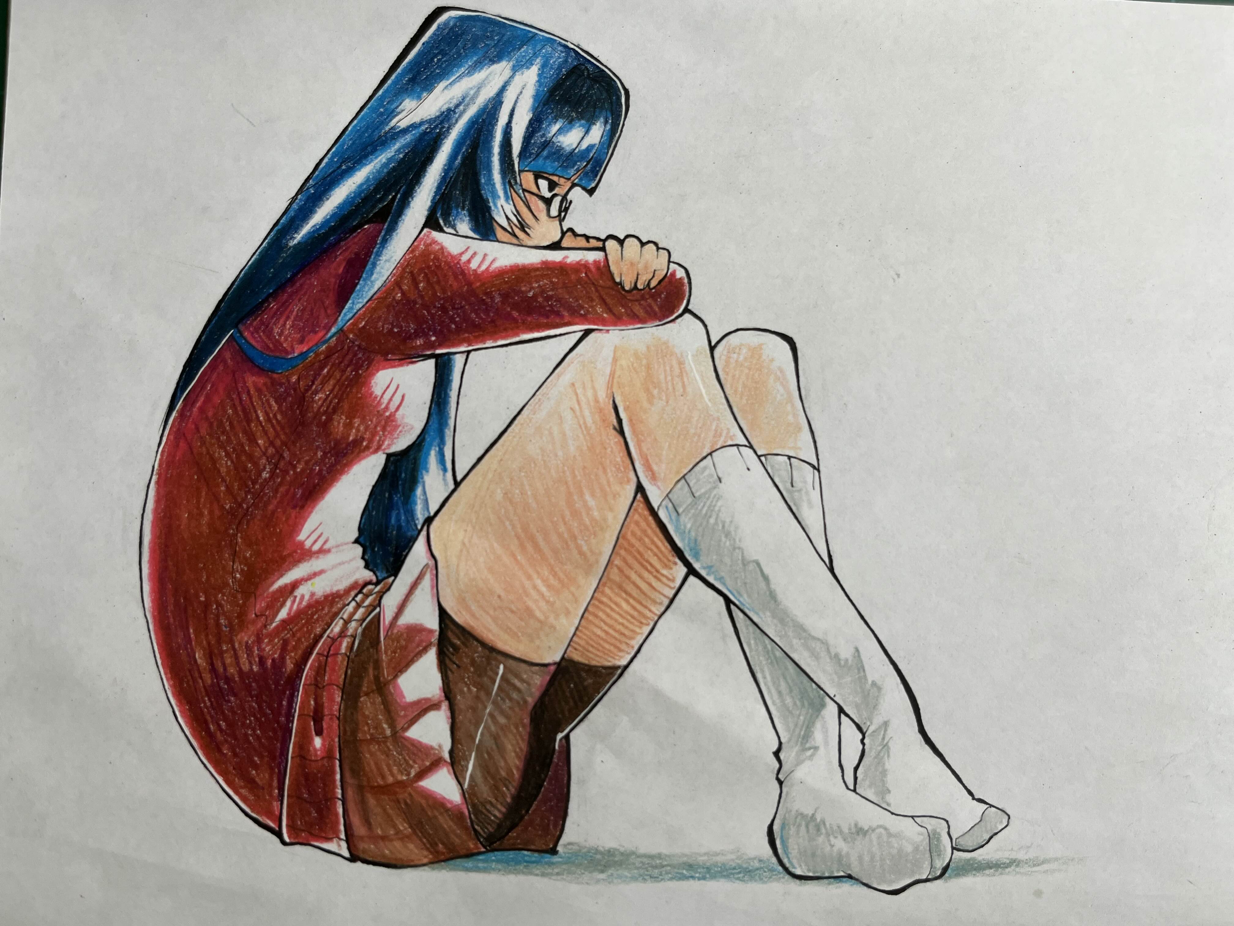 Girl with glasses looking right drawing