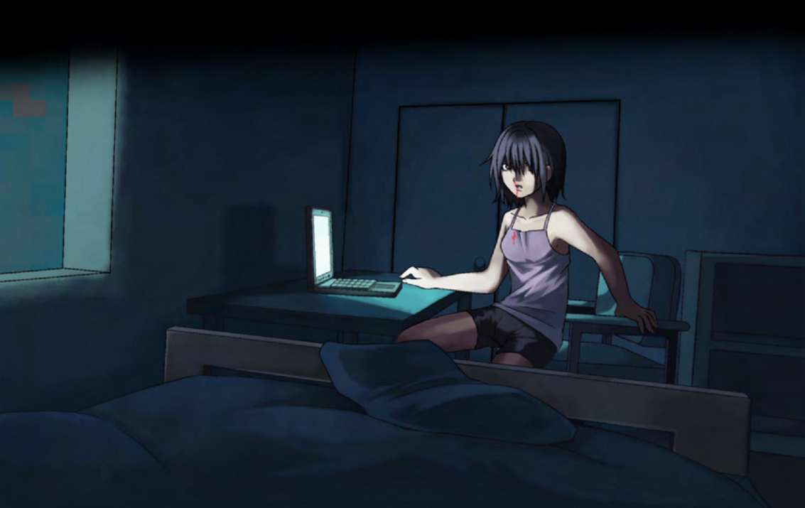 Girl in dark room with computer drawing
